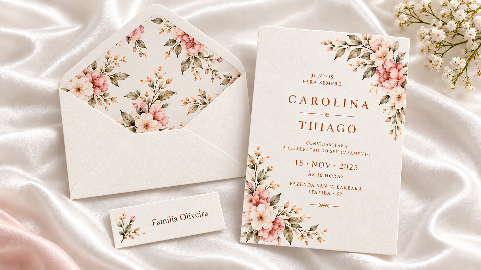 Convite floral com envelope de forro estampado e tag de convidado